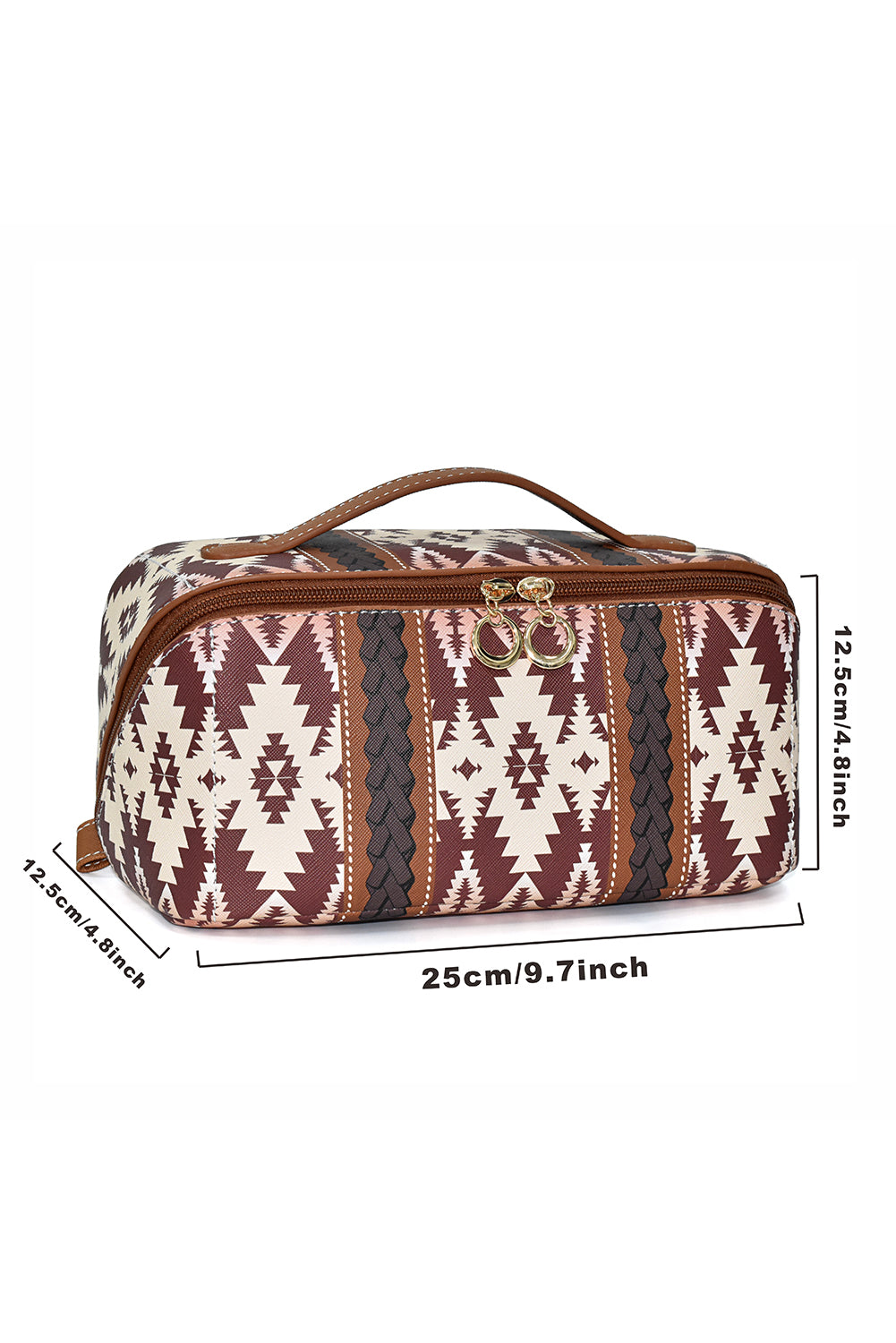 Light French Beige Boho Geometric Print Makeup Bag with Handle