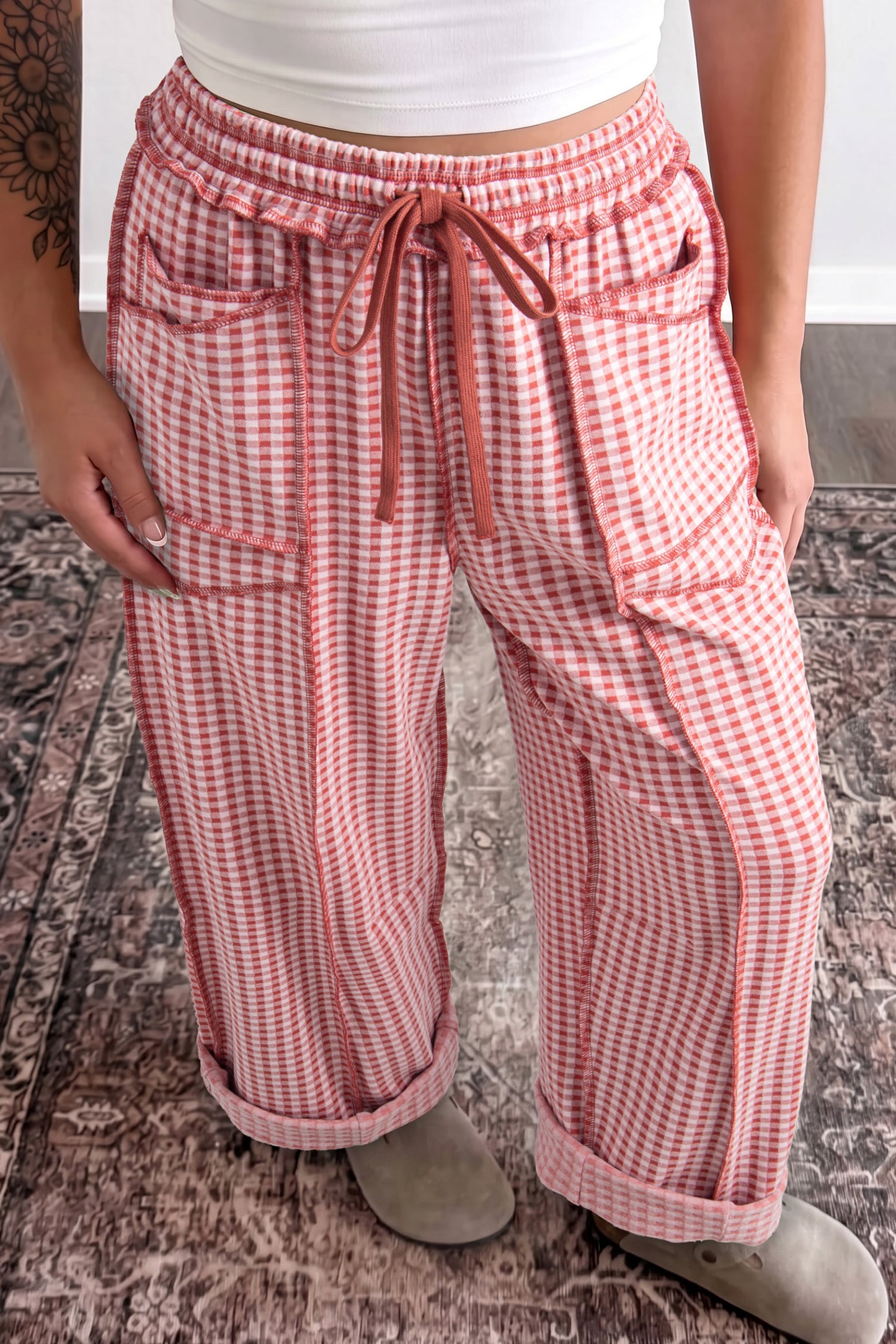 Red Plaid Contrast Trim Drawstring Elastic Waist Shift Pants