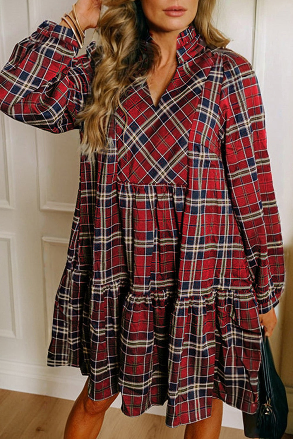 Red Plaid Print Frilly Collar Long Sleeve Shift Mini Dress
