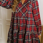 Red Plaid Print Frilly Collar Long Sleeve Shift Mini Dress