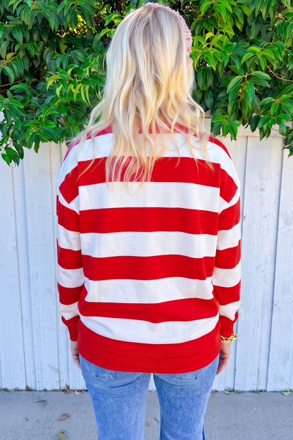 Red Stripe holly jolly Letter Embroidered Pullover Sweatshirt