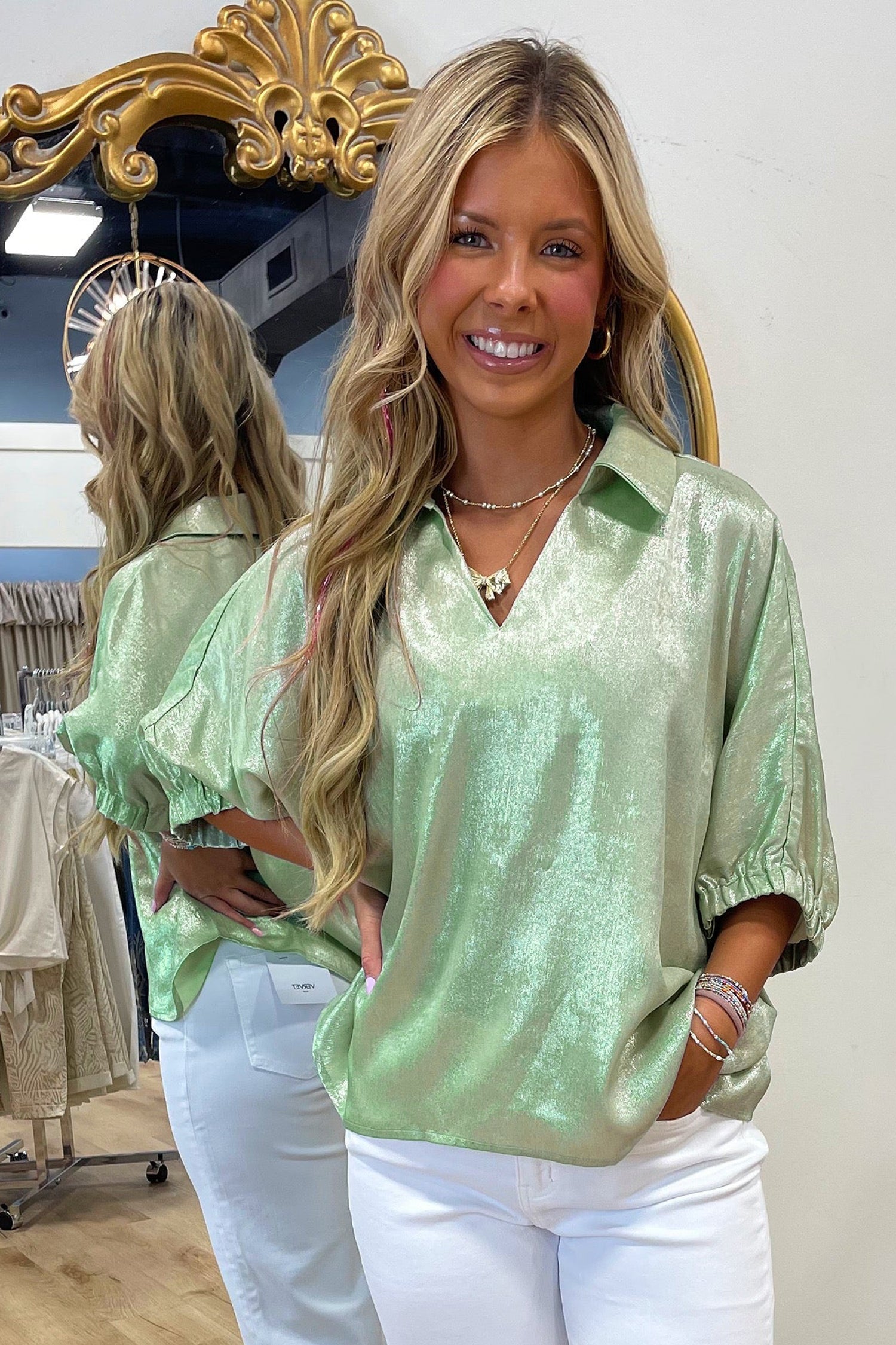 Clearly Aqua Collared V Neck Half Sleeve Metallic Top
