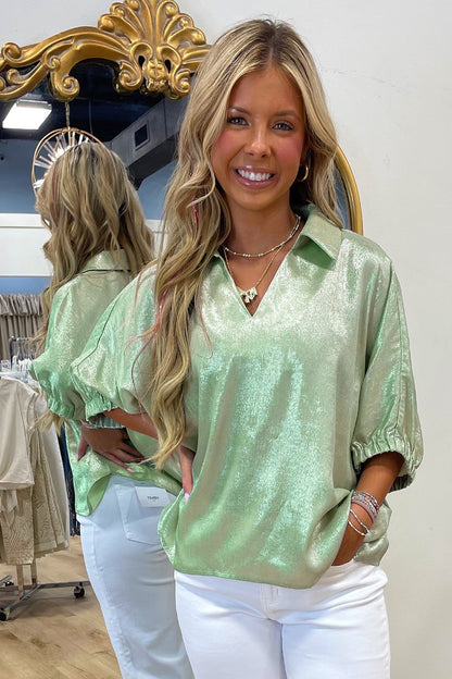 Clearly Aqua Collared V Neck Half Sleeve Metallic Top