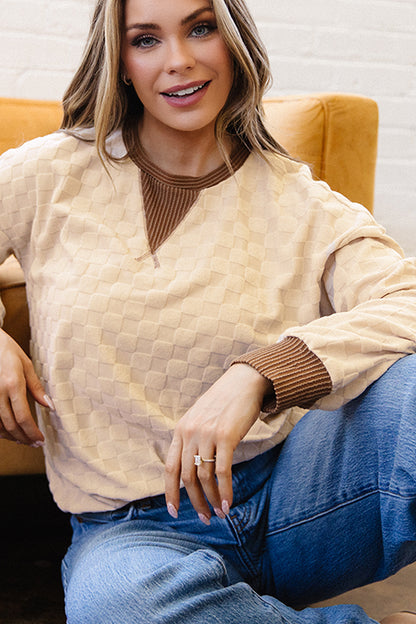 Parchment Plush Checkered Contrast Twisted Rib Long Sleeve Top