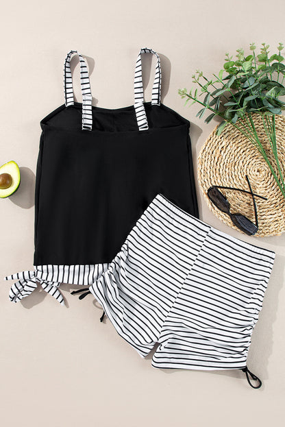 Ensemble tankini à rayures noires et cordon de serrage latéral