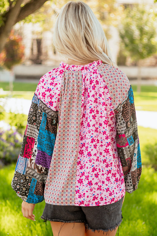 Pink Boho Mixed Floral Drop Shoulder Bubble Sleeve Blouse