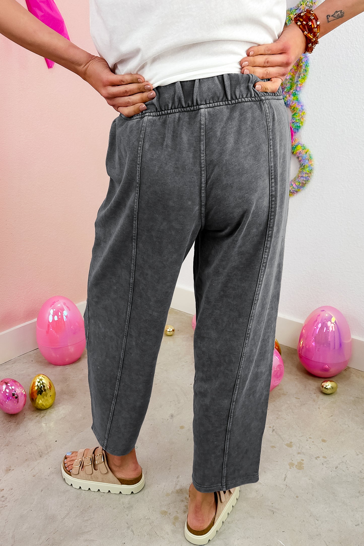 Carbon Grey Mineral Wash Seam Detail Elastic Waist Barrel Pants