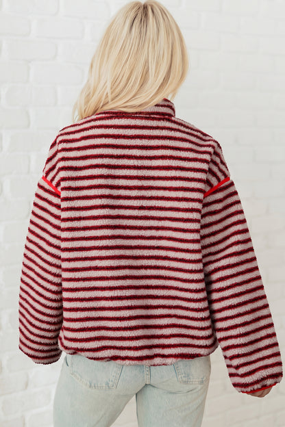 Red Striped Fuzzy Colorblock Button Placket Sweatshirt