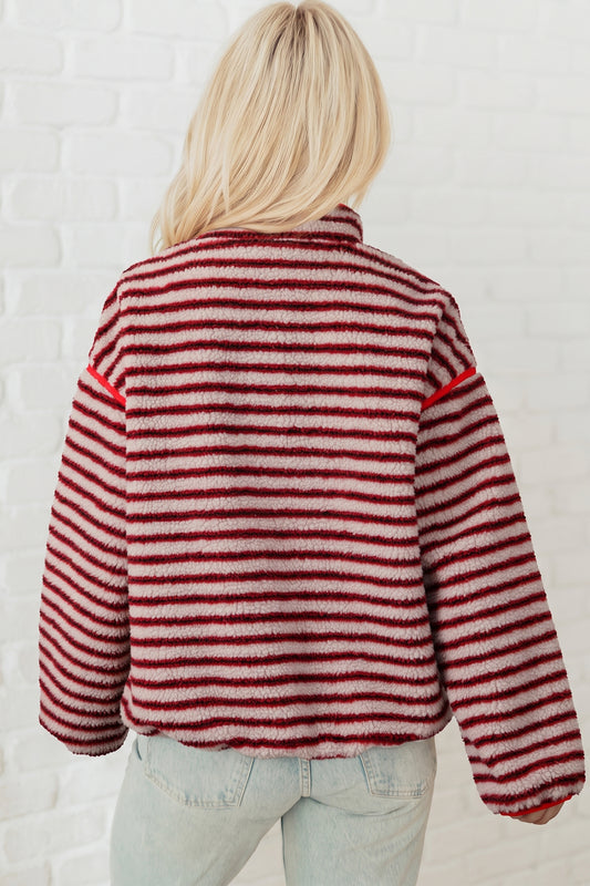 Red Striped Fuzzy Colorblock Button Placket Sweatshirt