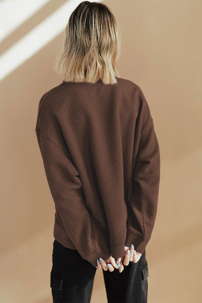 Coffee Solid Color Textured Round Neck Drop Shoulder Pullover Sweatshirt