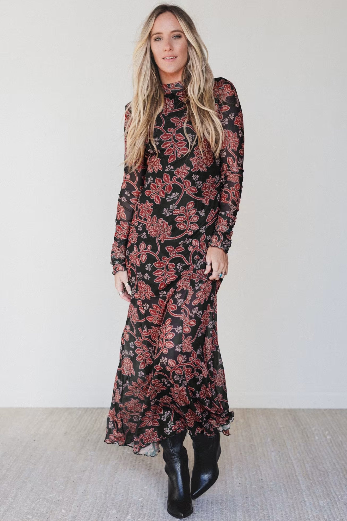 Black Retro Floral Print Long Sleeve Casual Mesh Dress