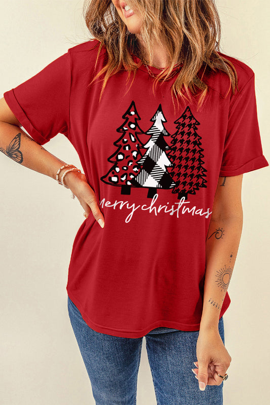 Merry Christmas Trees Graphic Print Short Sleeve T Shirt