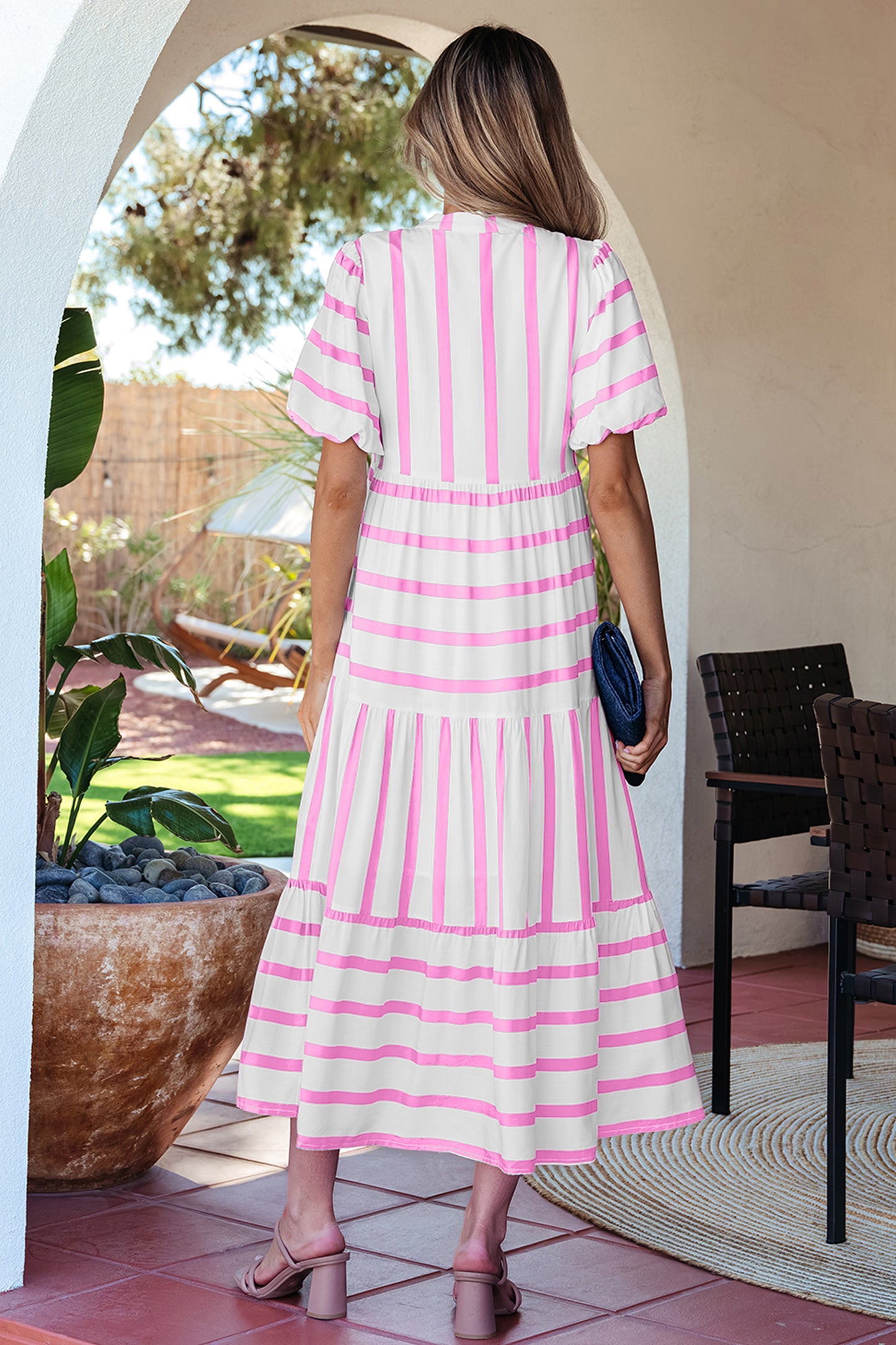 Green Stripe Ricrac Trim Notched Neck Half Sleeve Vacation Dress
