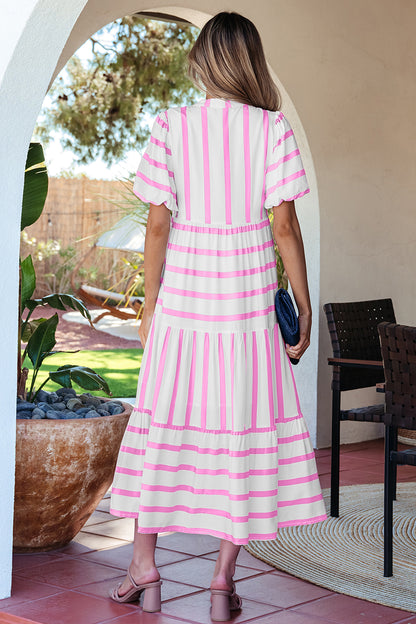 Green Stripe Ricrac Trim Notched Neck Half Sleeve Vacation Dress