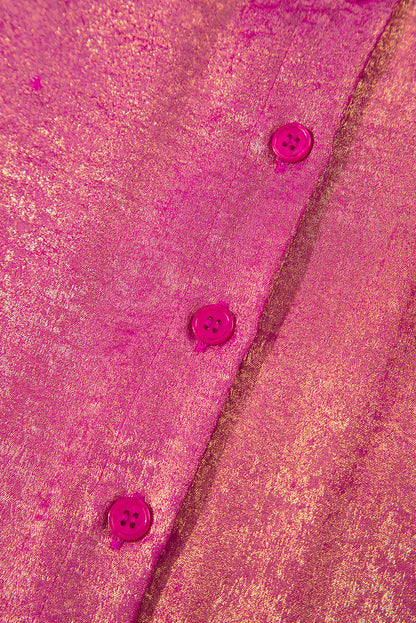 Chemise décontractée boutonnée à manches courtes et à reflets métallisés rouge rose