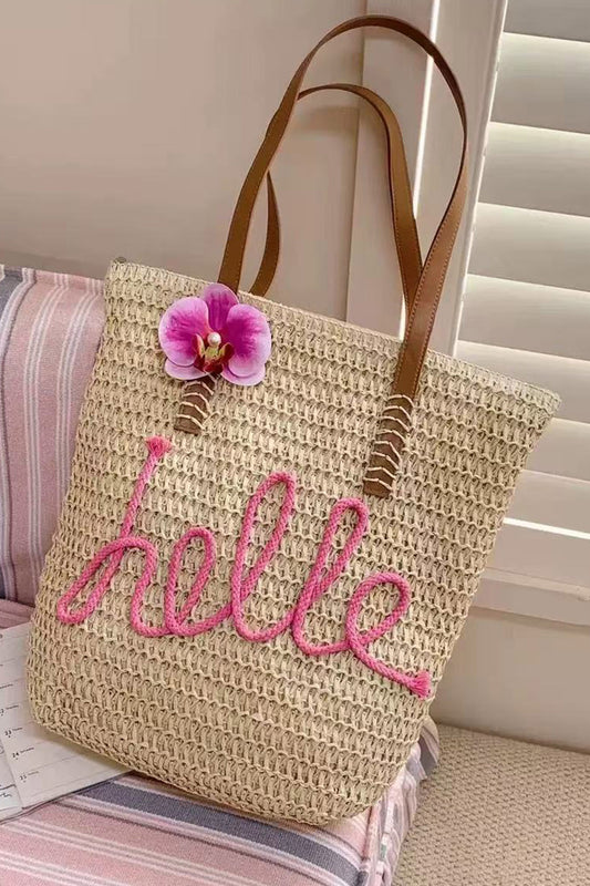 Khaki Hello Boho Handwoven Floral Accent Travel Tote Bag