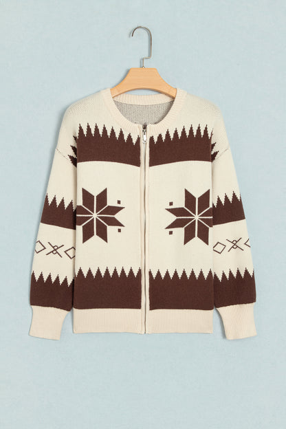 Beige Western Geometric Print Zip Front Loose Sweater Cardigan
