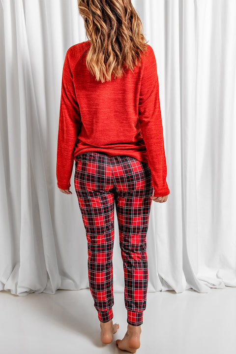 Solid Long Sleeve Top and Plaid Pants Loungewear