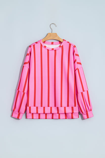 Red Stripe Dropped Shoulder Round Neck Casual Sweatshirt