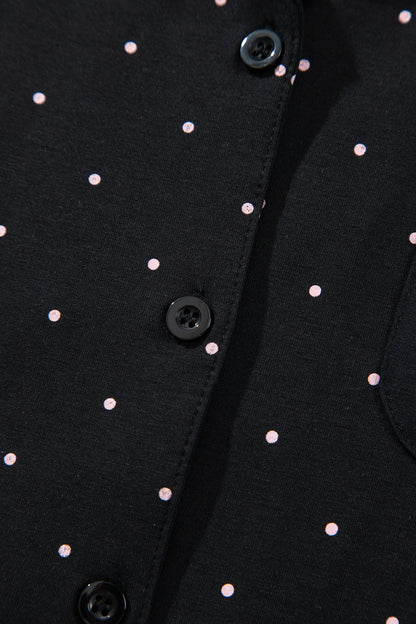 Black Polka Dot Long Sleeve Shirt Lace Detail Two Piece Pajama Pant Set