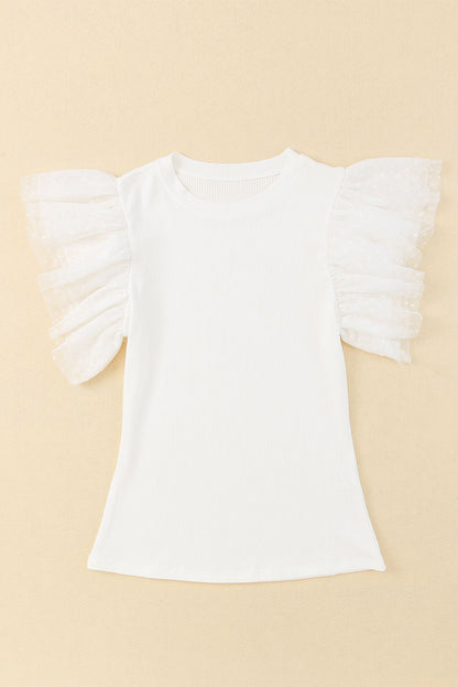 Haut en maille côtelée à volants et manches en maille à pois