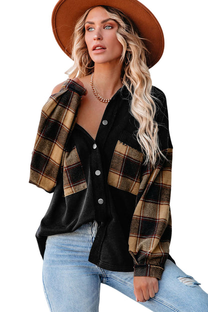 Chaqueta estilo camisa extragrande con bolsillos en el pecho y patchwork a cuadros negros