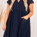 Navy Blue Dotty Textured Notched Neck Plus Ruffled Dress