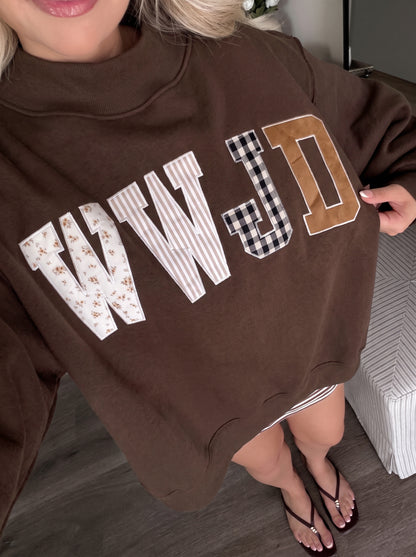 Coffee WWJD Mixed Pattern Embroidered Patch Graphic Mock Neck Sweatshirt