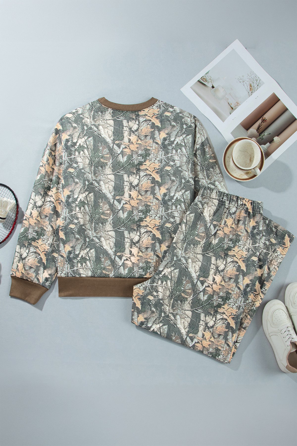 Brown Jungle Camouflage Print Ribbed Trim Long Sleeve Top Plus Size Pant Set