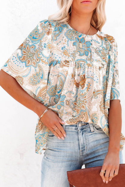 Blusa holgada de mangas anchas con estampado de paisley multicolor