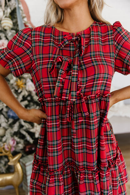 Red Plaid Knot Neck Short Sleeve Mini Shift Dress