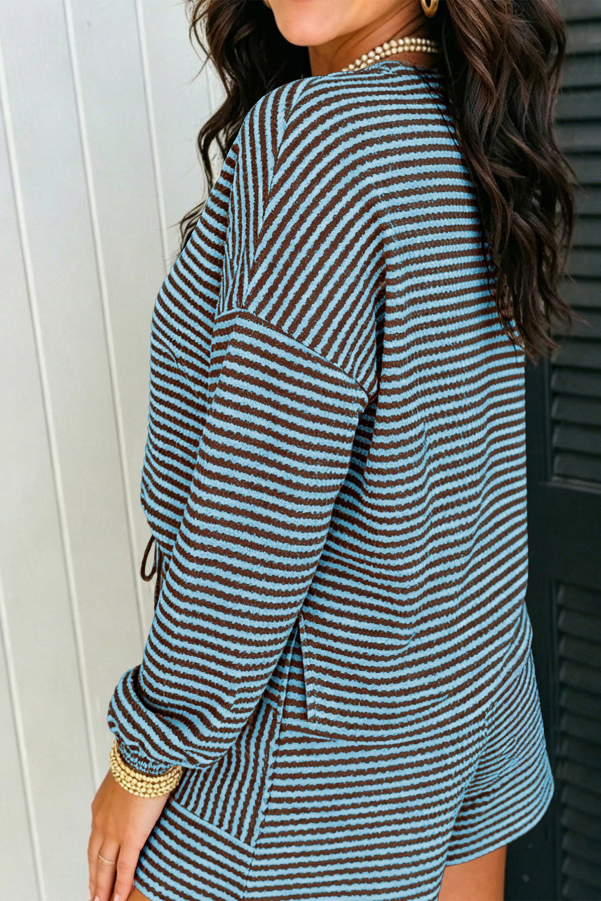 Sky Blue Stripe Textured Knit Long Sleeve Top Elastic Waist Shorts Casual Outfit
