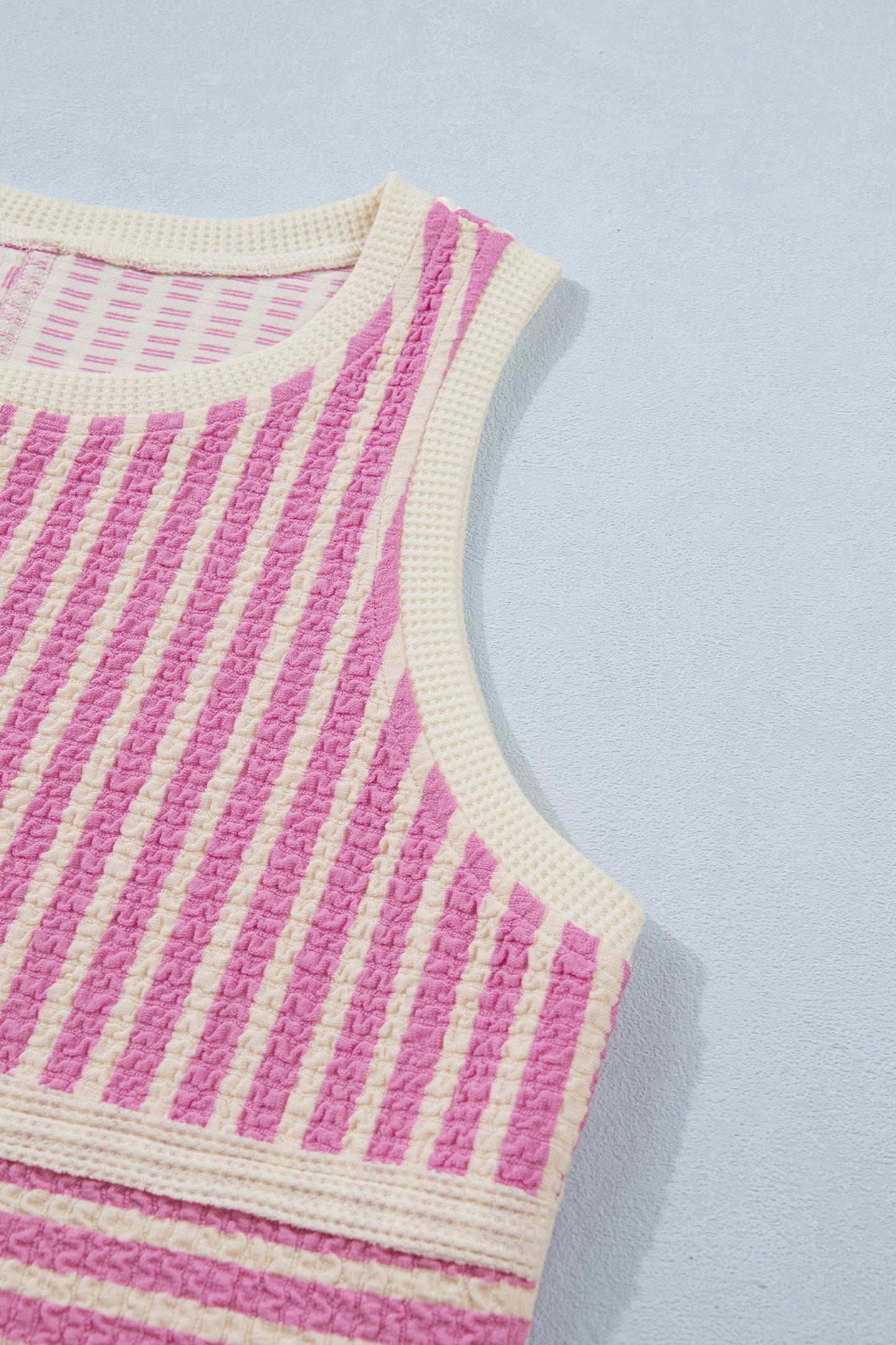 Pink Stripe Textured Contrast Trim Casual Tank and Shorts Set