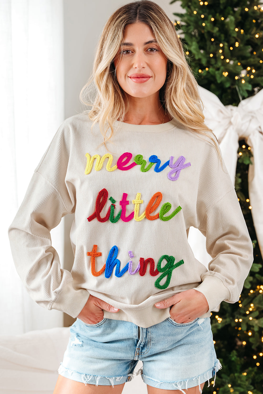 Dark Green merry little thing Corded Letter Graphic Ribbed Loose Sweatshirt