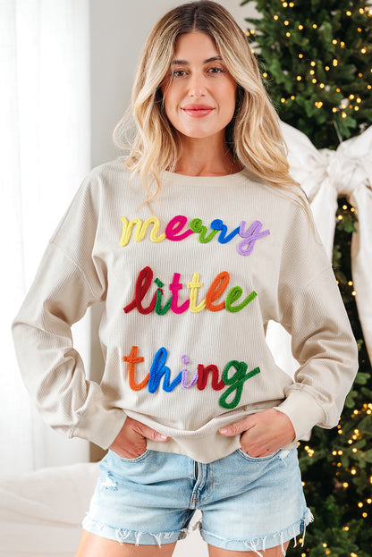 Dark Green merry little thing Corded Letter Graphic Ribbed Loose Sweatshirt