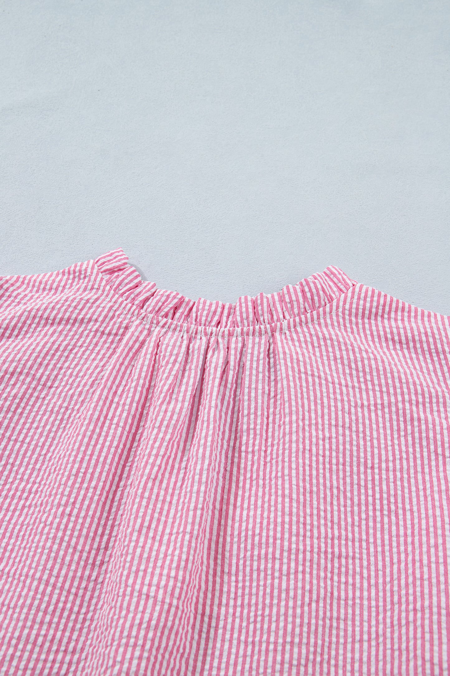 Rose Stripe Short Bubble Sleeve Split V Neck Blouse