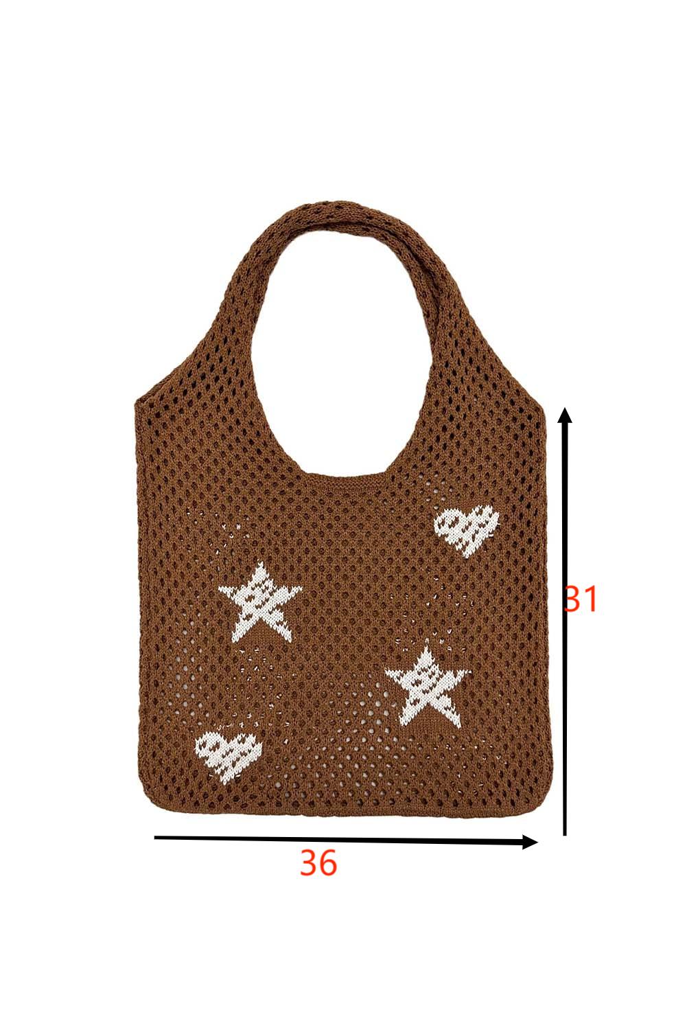 Bolso de hombro de punto ahuecado con estampado de corazón y estrella marrón