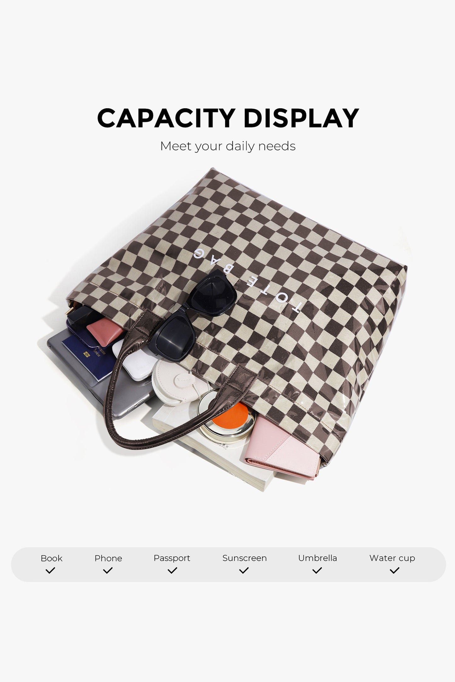 Color black Checkered Glossy PU Leather Tote Bag