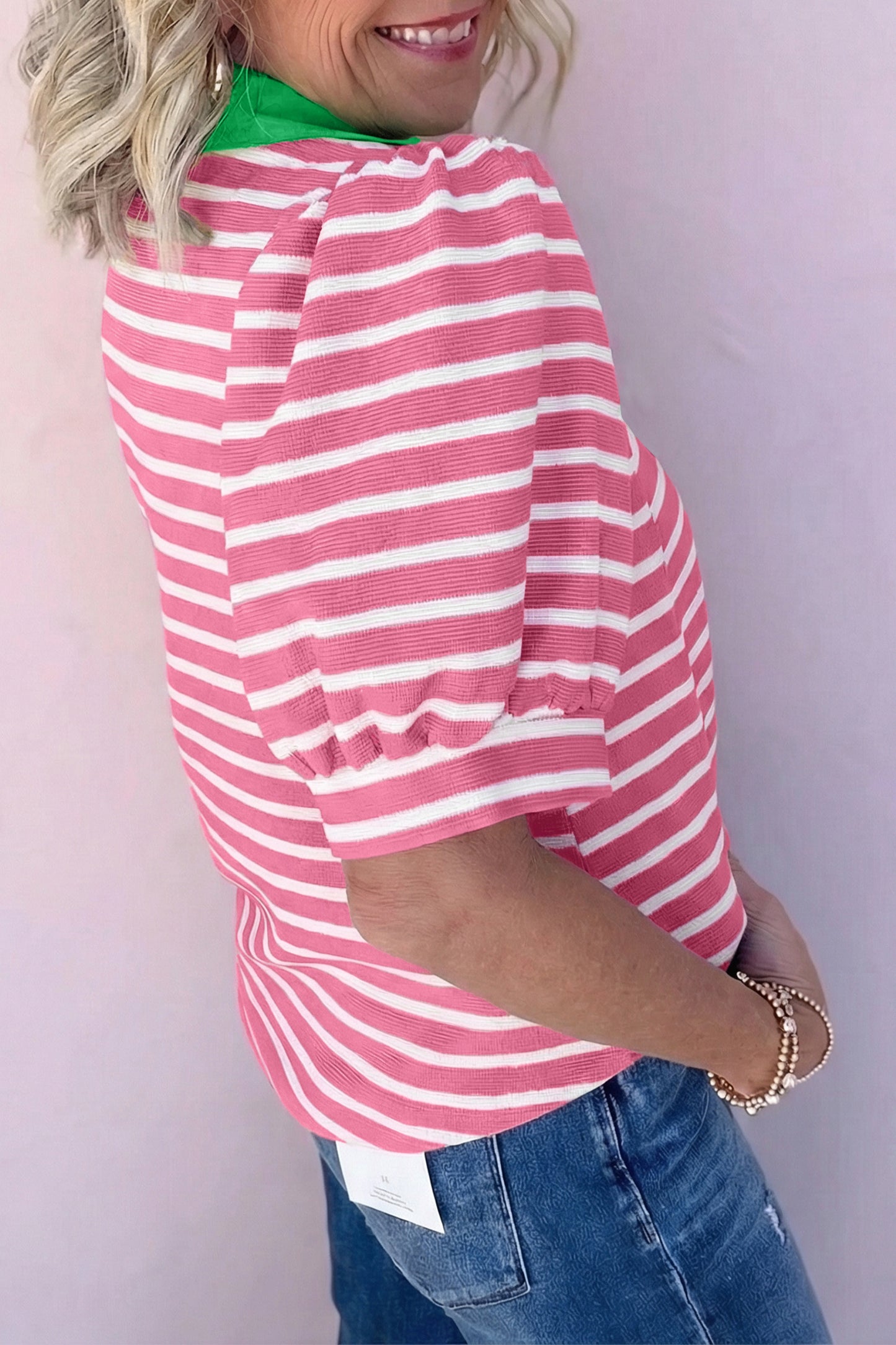 Pink Stripe Short Puff Sleeve Color Block Polo Collar Blouse