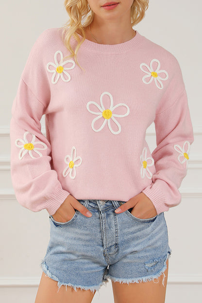 Pull ras du cou rose en chenille avec coutures marguerites 