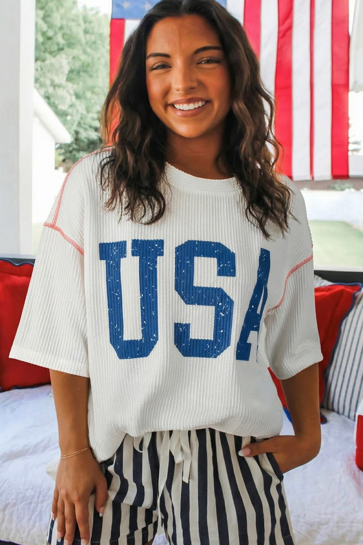 White USA Graphic Half Sleeve Loose Ribbed Top