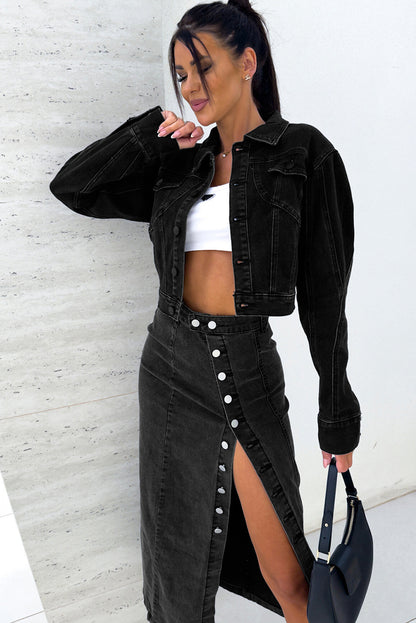 Jupe midi en jean taille haute noire à boutons et fente latérale