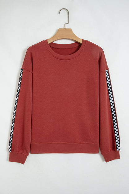 Mineral Red Checkered Trim Long Sleeve Round Neck Shift Sweatshirt