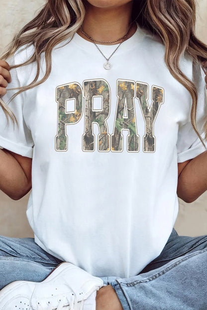 White PRAY Camo Letter Print Casual Round Neck T Shirt