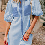 Sky Blue Stripe Color Block Patchwork Shirt Collar Button Down Puff Sleeve Mini Dress