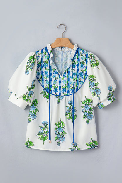 White Floral Print Contrast Trim Tie Neck Blouse