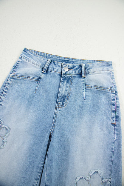 Beau Blue Flower Patched Light Wash Cropped High Waist Barrel Jeans
