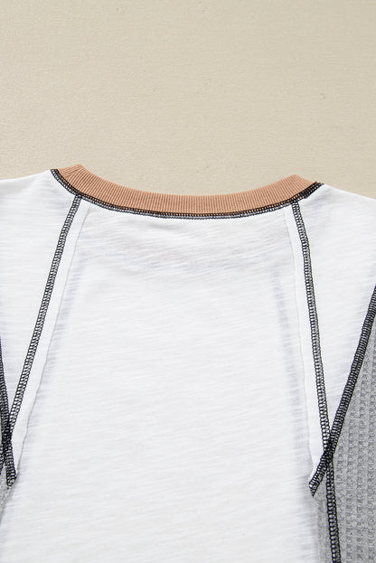 White Contrast Block Mixed Textured Knit Patchwork Casual Top