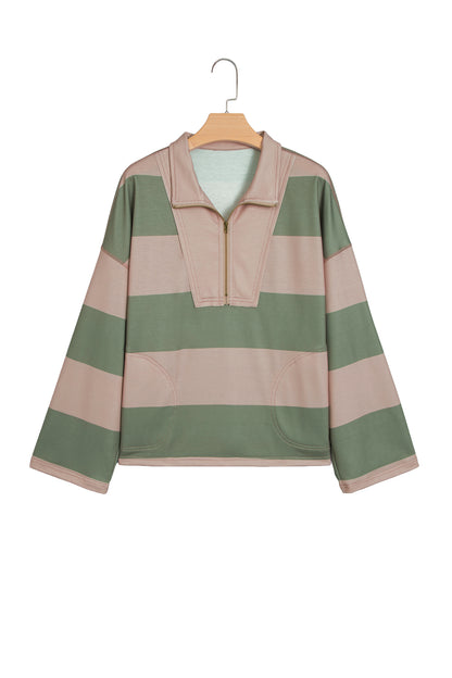 Green Striped Colorblock Zipper Pullover Long Sleeve Loose Top