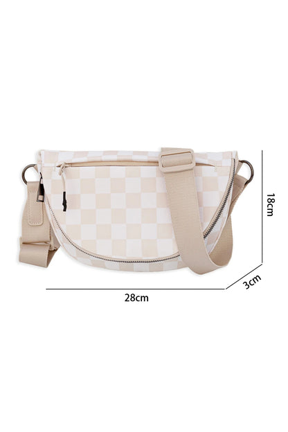 White Checkered Canvas Crescent Shoulder Bag